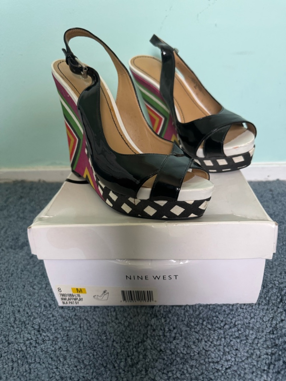 Nine West Black Patent Slingback Wedges with Colorblock Geometric Heel
